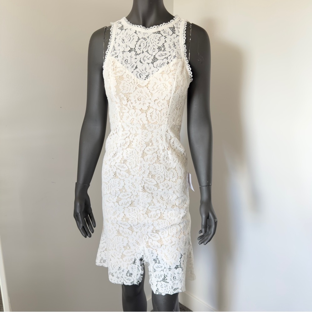 159. Lulu’s Ivory Lace Midi Dress NWT – Elegant Sleeveless Sheath